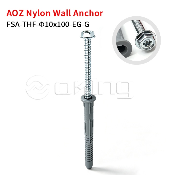 Skru Bebibir Hex Torx AOZ Electro-galvanizing M10x100 dengan Penambat Dinding Nilon Kelabu untuk Pemasangan Dinding Tirai & Luar