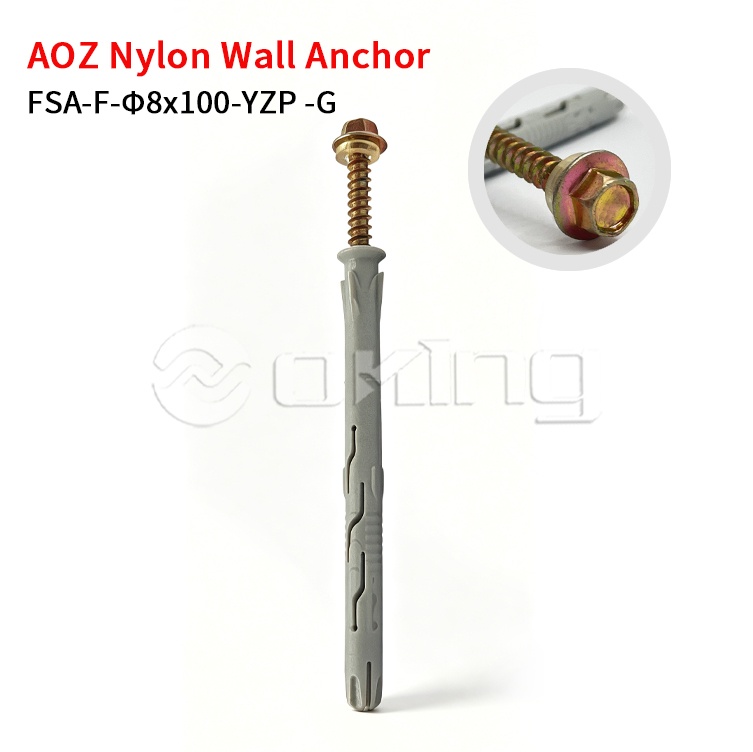 Skru Bebibir Hex AOZ Zink Kuning M8x100 Torx dengan Sauh Dinding Nilon Kelabu untuk Pemasangan Tirai Dinding & Luar